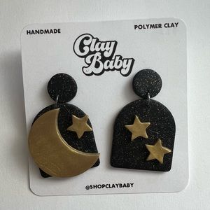 Handmade Polymer Clay Moon and Stars Black Gold Mismatched Statement Earrings